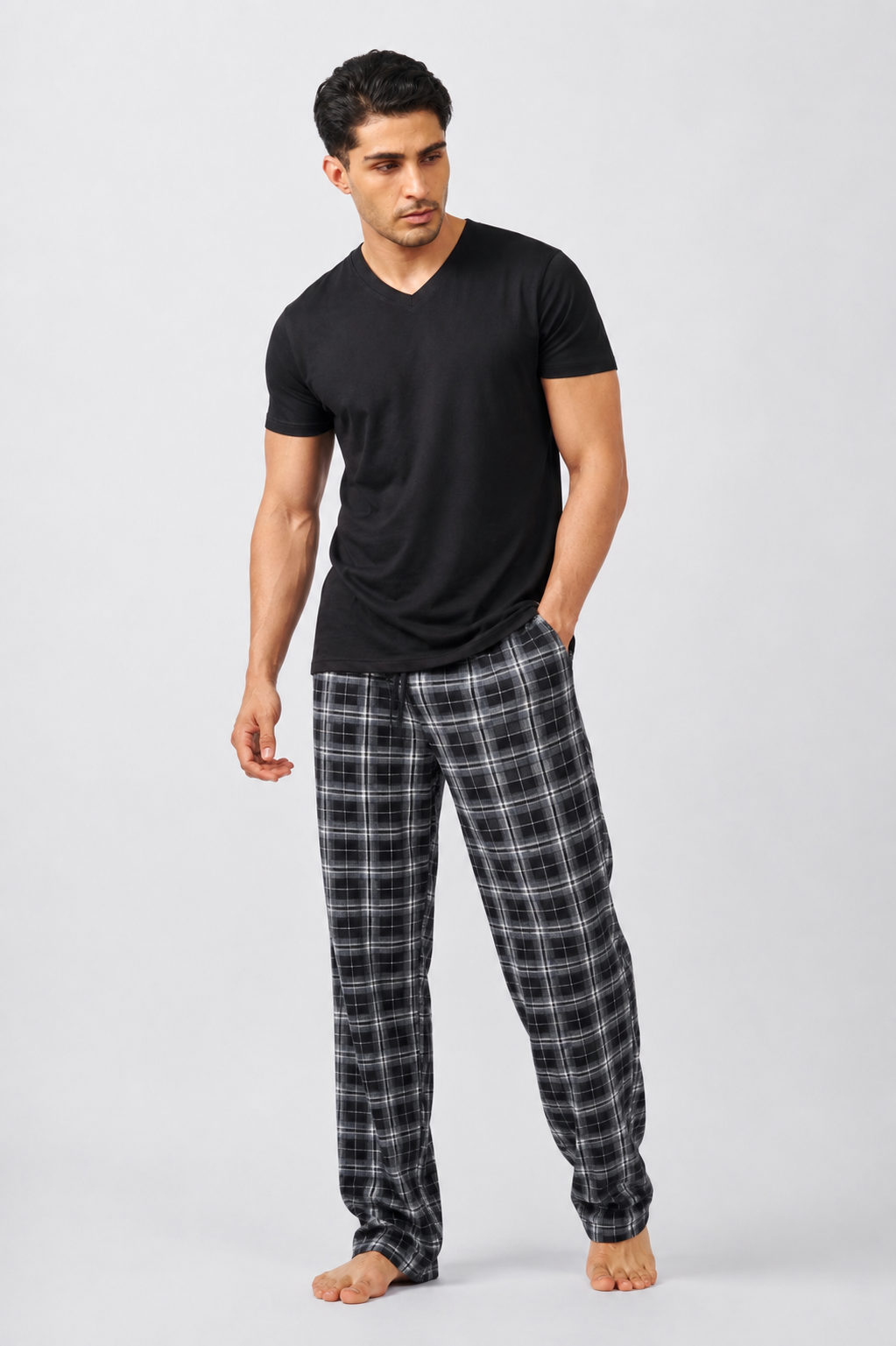 Macho Genie AeroCot Base+ men's black V-Neck cotton undershirt styled with plaid pajama pants for relaxed casual and lounge wear