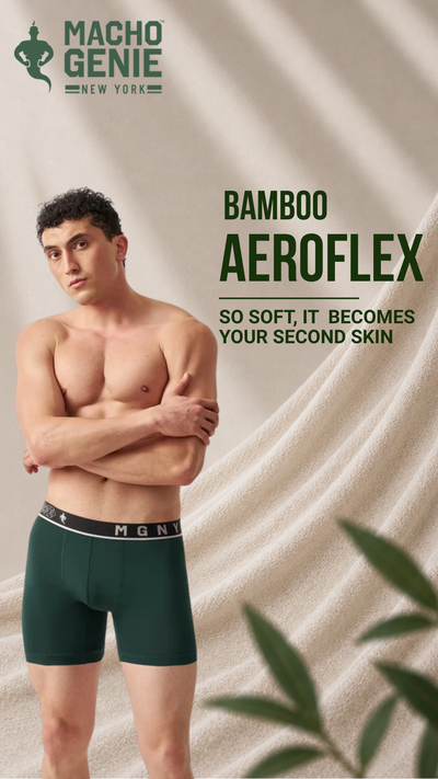 Macho Genie Bamboo Aeroflex men's boxer briefs in Fern Green, designed with silky-soft bamboo fabric for moisture-wicking freshness, extended coverage and all-day comfort