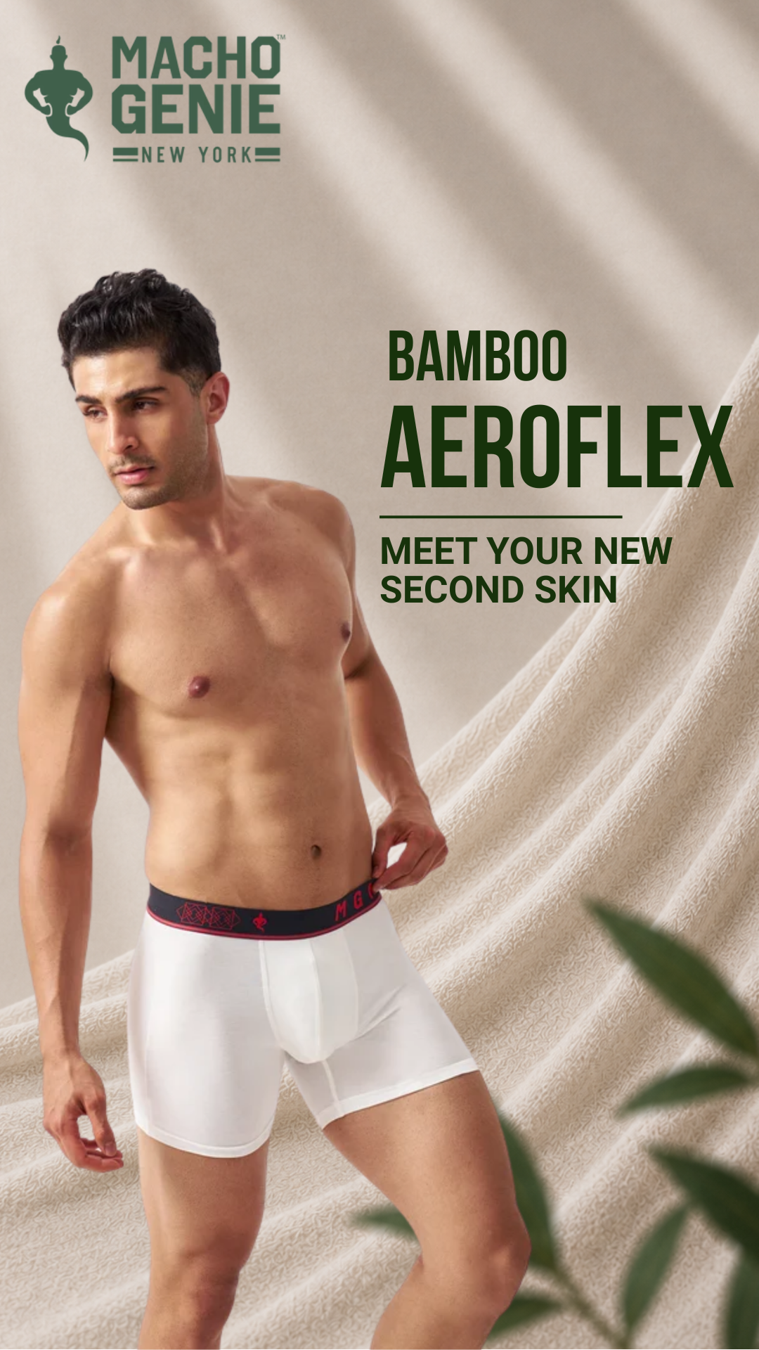 Macho Genie Bamboo Aeroflex men's boxer briefs in Ivory White, crafted from silky-soft bamboo fabric with breathable comfort, flexible stretch and a smooth tag-free feel